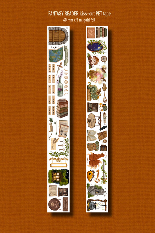 FANTASY READER (Kiss-cut) PET Tape - Gold Foil (Bookish Journaling Sticker Roll 60 mm x 5m)