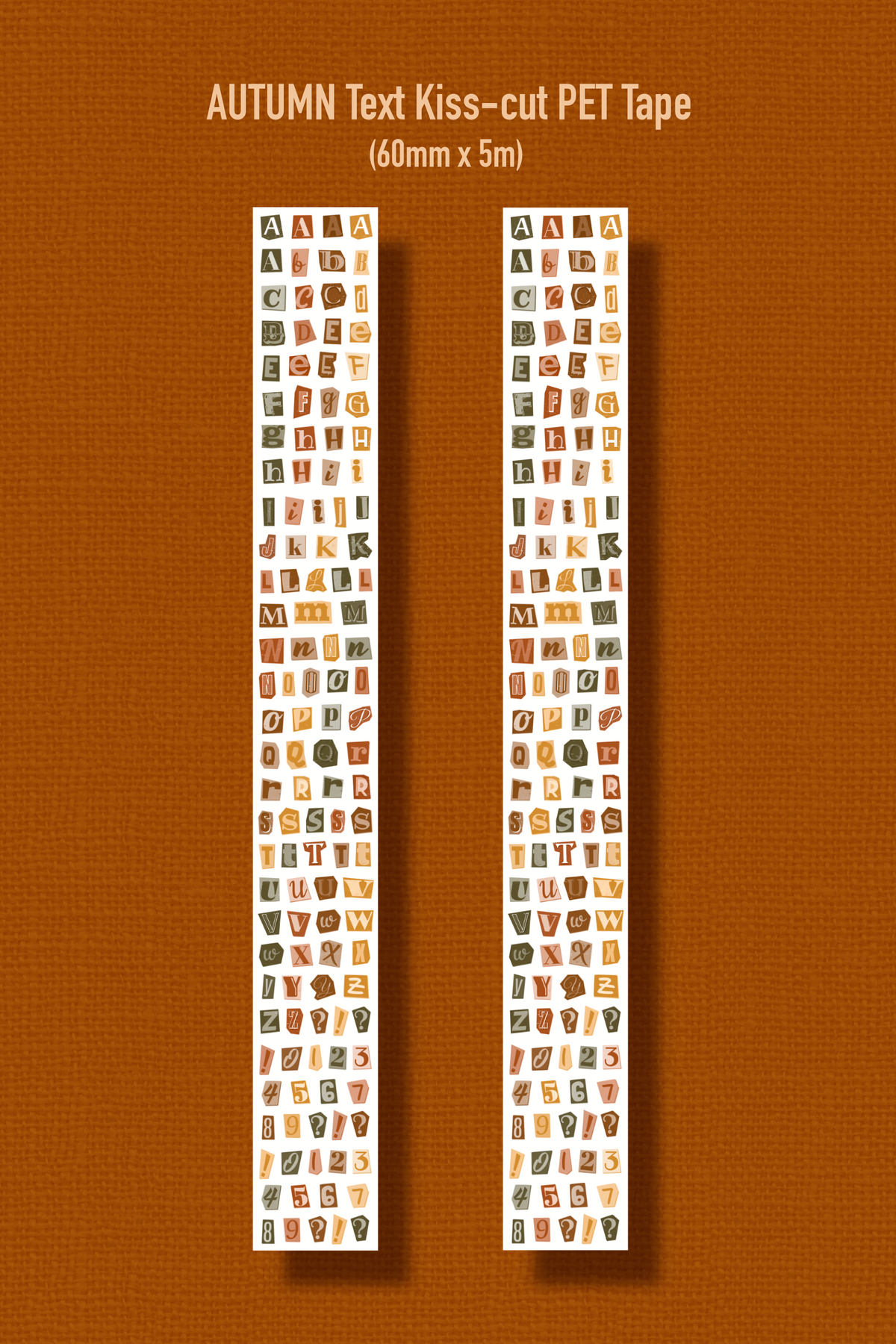 AUTUMN TEXT (Kiss-cut) PET Tape (Alphabet & Number Sticker Roll 60mm x 5m)