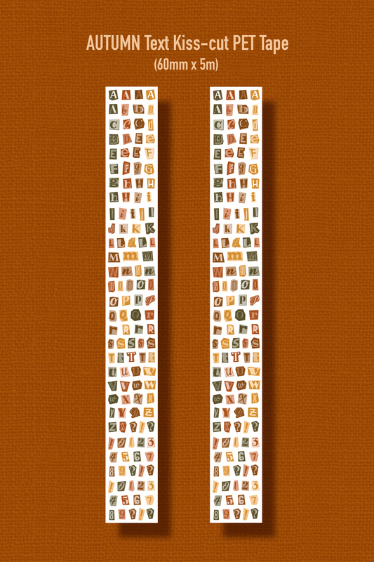 AUTUMN TEXT (Kiss-cut) PET Tape (Alphabet & Number Sticker Roll 60mm x 5m)