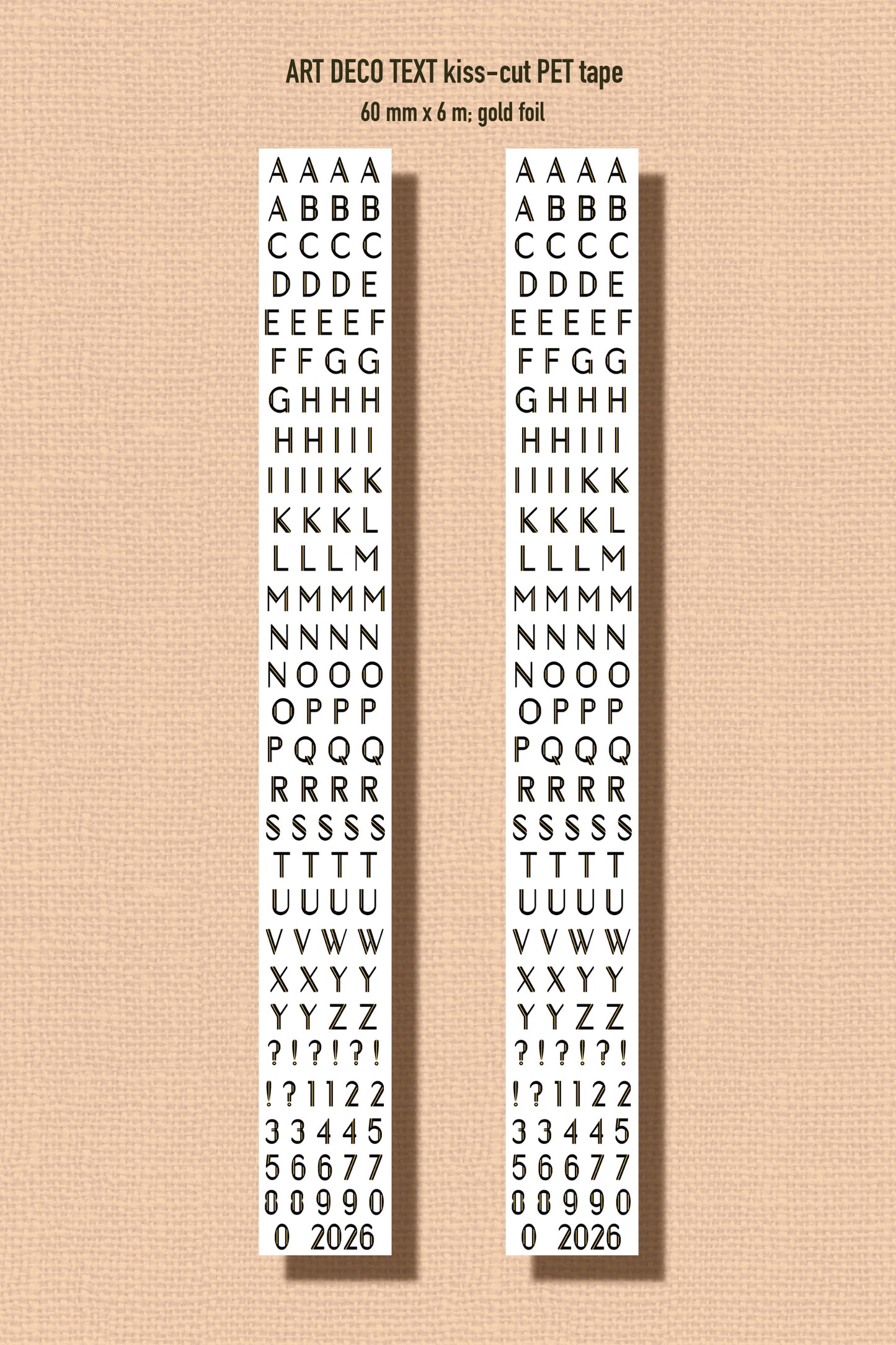 ART DECO TEXT (Kiss-cut) PET Tape - Gold Foil (Alphabet & Number Tape 60mm x 5m)