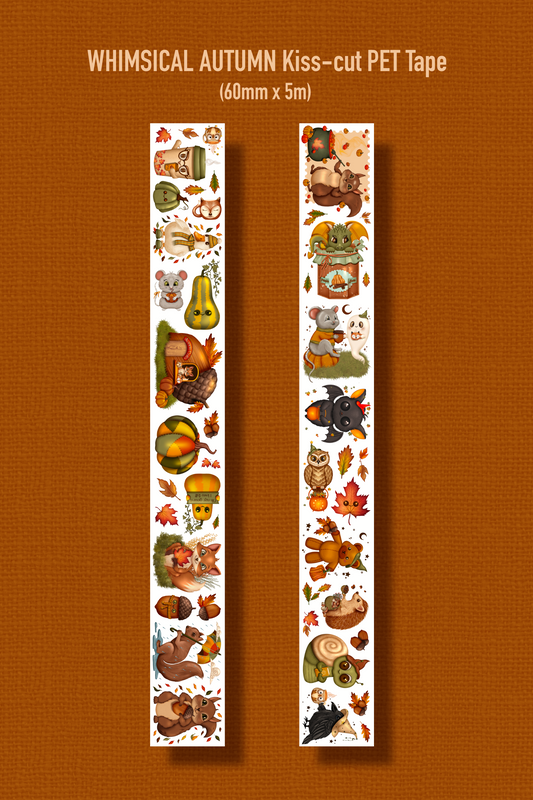WHIMSICAL AUTUMN (Kiss-cut) PET Tape (Fall Journaling Sticker Roll 60 mm x 5m)