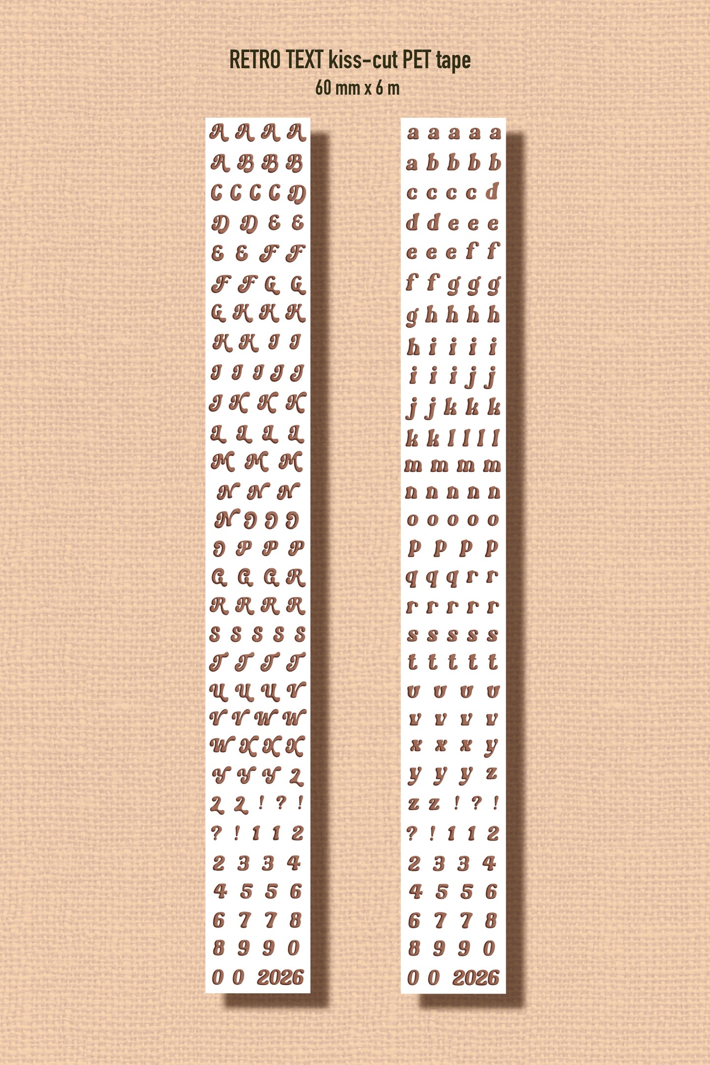 RETRO TEXT (Kiss-cut) PET Tape (Alphabet & Number Sticker Roll 60mm x 5m)