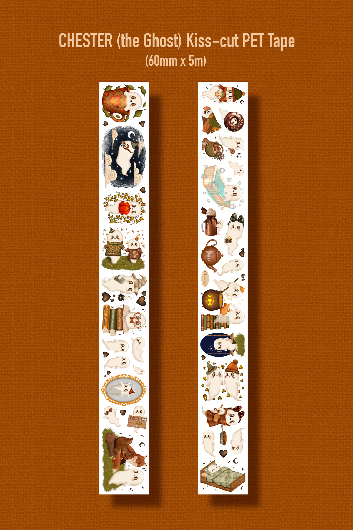 CHESTER (the ghost) (Kiss-cut) PET Tape (Fall Journaling Sticker Roll 60 mm x 5m)