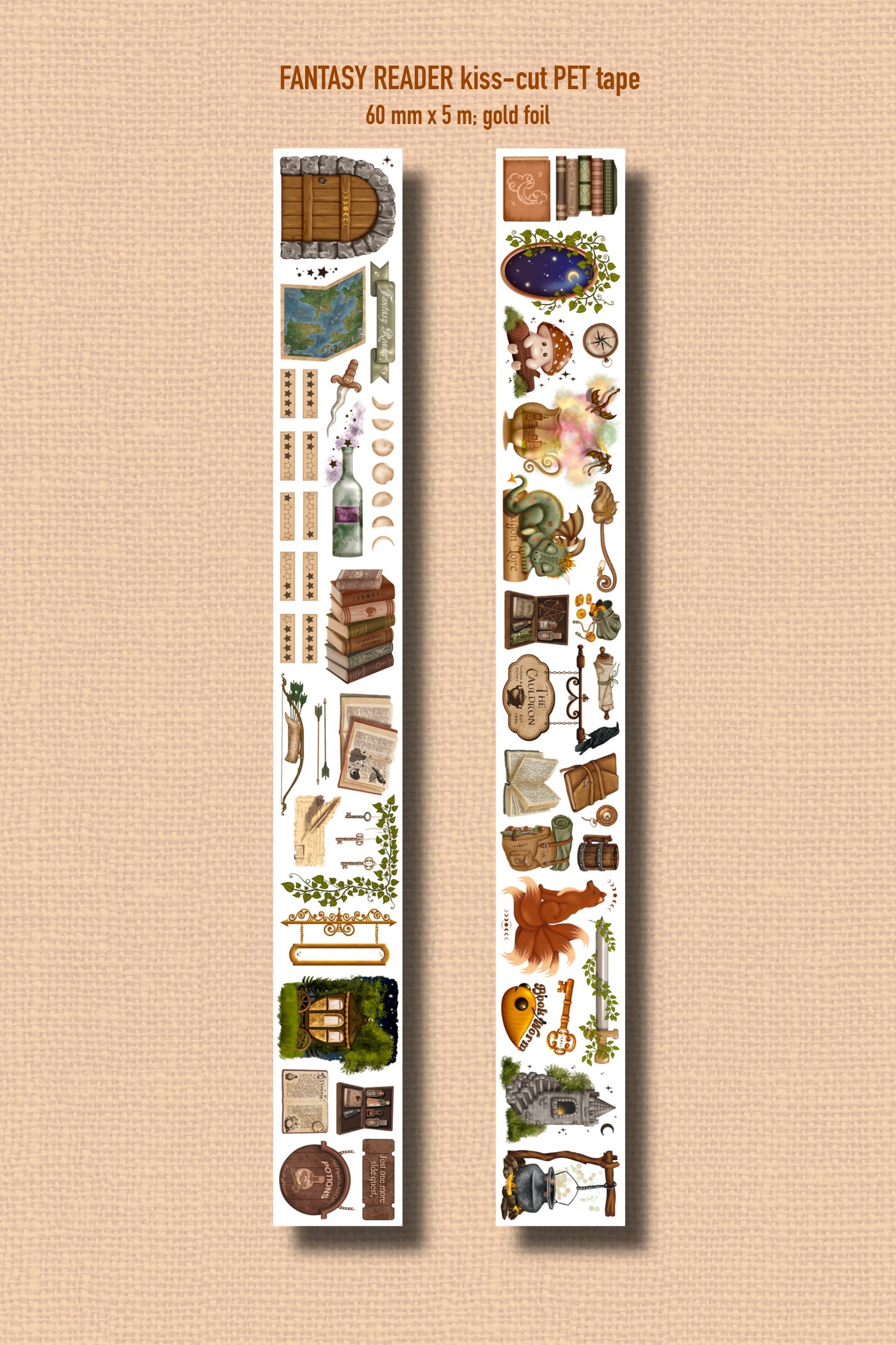 FANTASY READER (Kiss-cut) PET Tape - Gold Foil (Bookish Journaling Sticker Roll 60 mm x 5m)