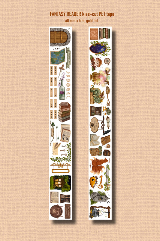 FANTASY READER (Kiss-cut) PET Tape - Gold Foil (Bookish Journaling Sticker Roll 60 mm x 5m)