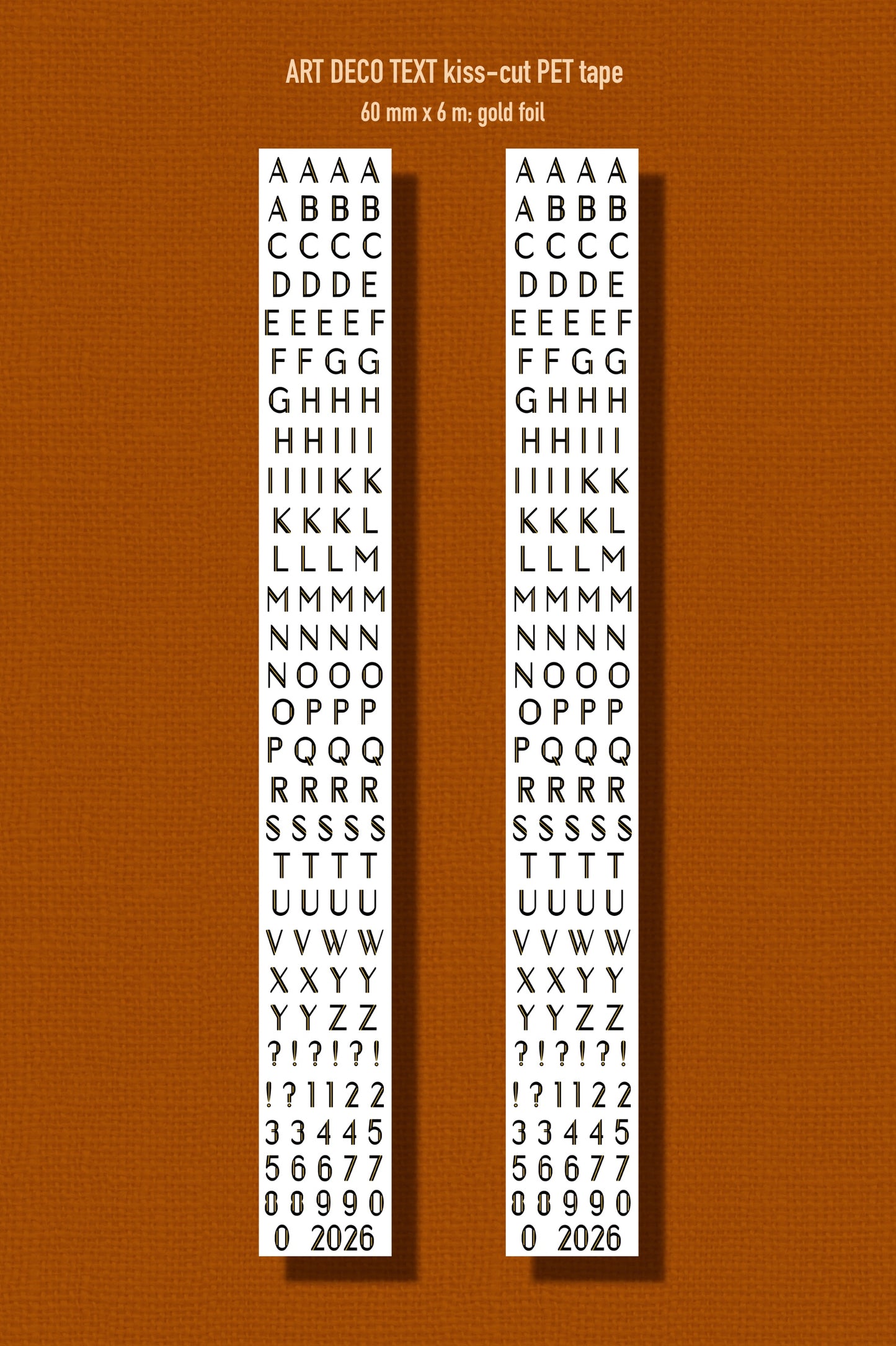 ART DECO TEXT (Kiss-cut) PET Tape - Gold Foil (Alphabet & Number Tape 60mm x 5m)