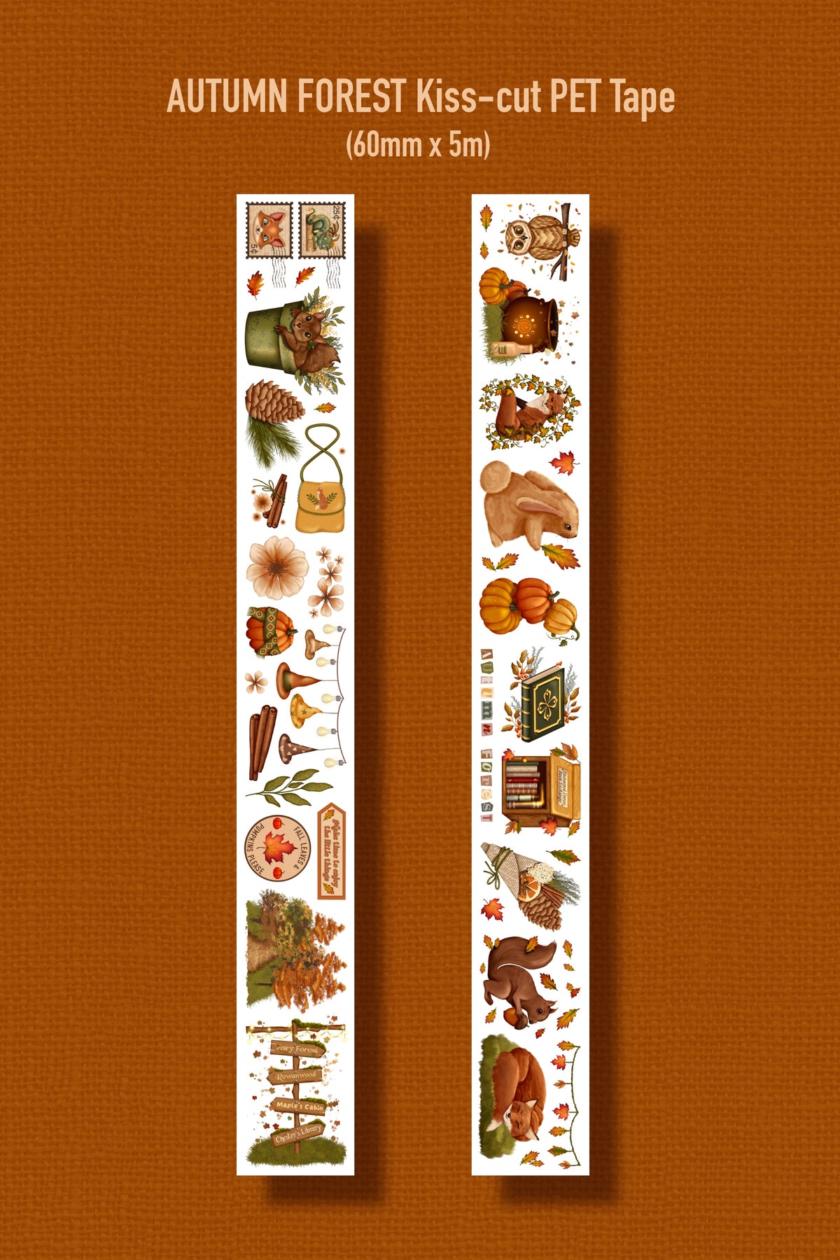 AUTUMN FOREST (Kiss-cut) PET Tape (Fall Forest Animal Journaling Sticker Roll 60 mm x 5m)