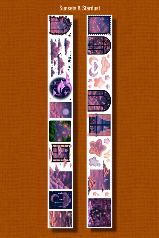 SUNSETS & STARDUST (Kiss-cut) PET Tape (Celestial Twilight Journaling Sticker Roll 60mm x 5m)
