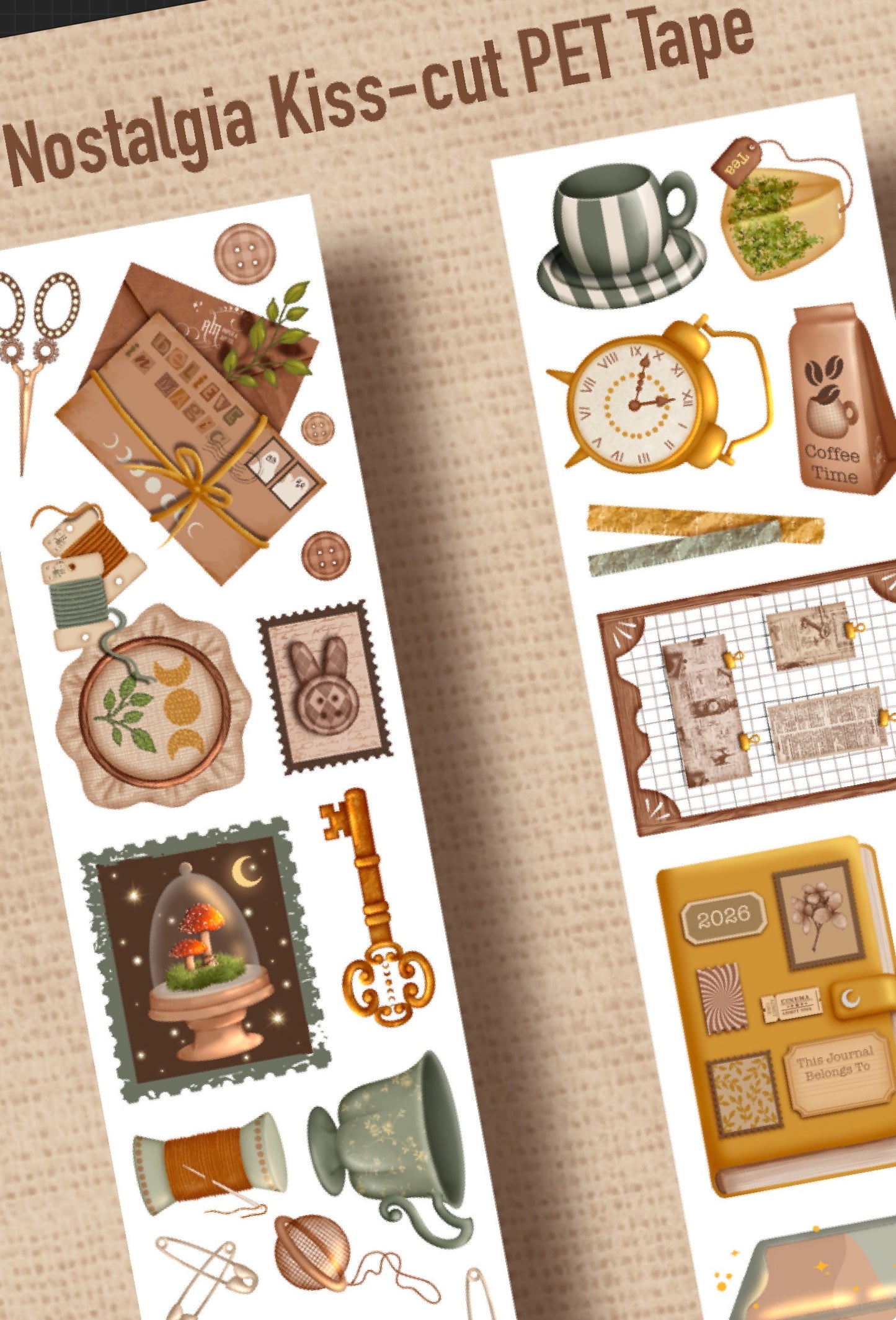 NOSTALGIA (Kiss-cut) PET Tape - Gold Foil (Vintage Academia & Cottagecore Journaling Sticker Roll)